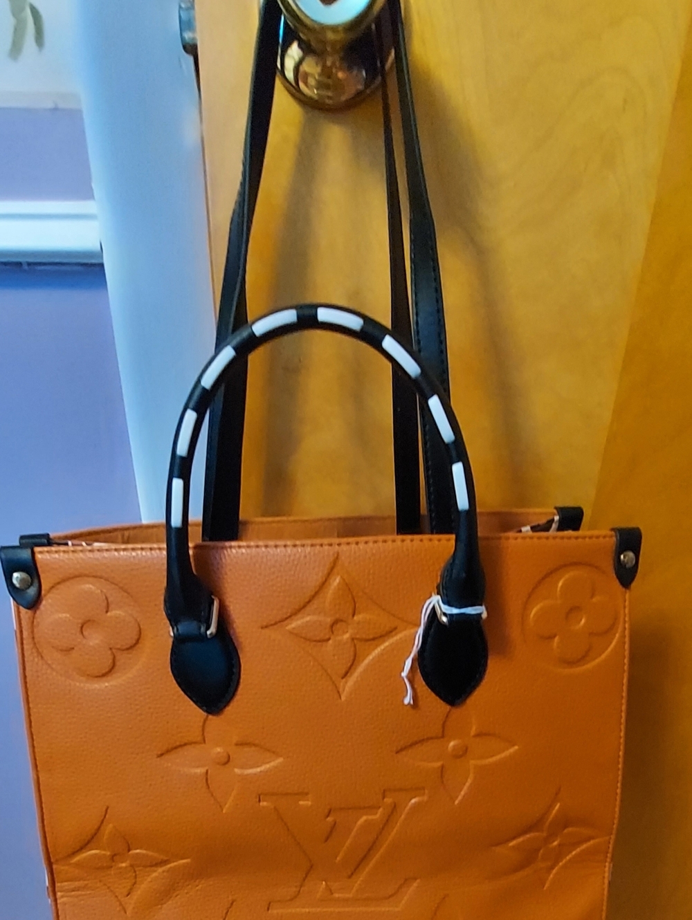 Like New Designer Replica Embossed Tote Handbag w/Black Handles In Cognac Color